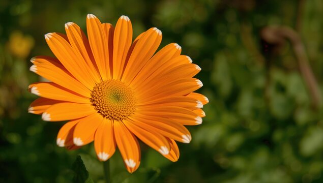 Vibrant orange daisy in detailed close-up, blooming in a natural garden setting