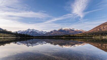 Snow-capped Coronet peaks mirrored in a tranquil lake close to a popular resort town
