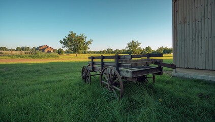 A cart stands beside a structure on lush green grass in a summer setting
