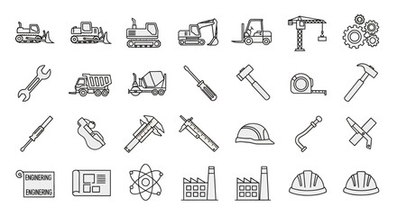 Collection of Hand-Drawn Construction and Engineering Tools and Equipment Icons.