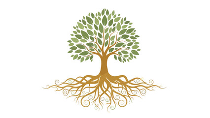 Fototapeta premium Stylized tree with green leaves and brown roots