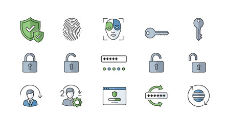 Collection of Hand-Drawn Security Icons Depicting Digital Protection and Access.