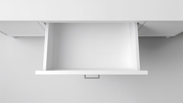 Top-down perspective of an open, empty white drawer from a piece of furniture. Vector illustration suitable for office or living space mockup.