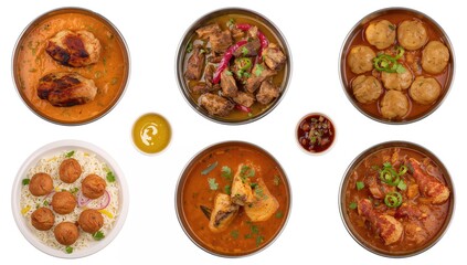 Assorted traditional South Asian dishes arranged from above on a white surface, featuring chicken, kebabs with veggies, fish curry, dumplings, and creamy chicken curry.