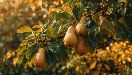 Mature pears hanging from a tree limb with leaves in a natural setting