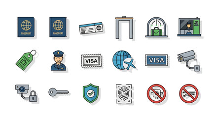 Collection of Hand-Drawn Travel and Security Icons with Various Designs and Styles.