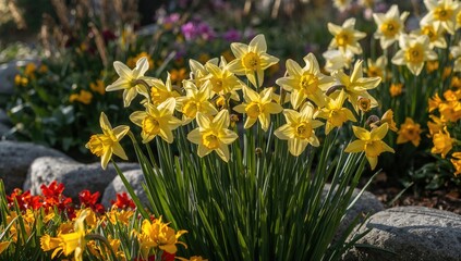 Bright yellow daffodils flourishing in a stone-bordered garden bed