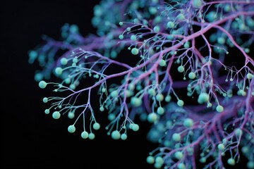 macro view of glowing neural branch structure with turquoise spherical nodes and pink filaments on black background representing digital biology and futuristic molecular network design