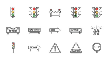 Collection of Illustrated Traffic Lights and Road Signs in Vector Style.