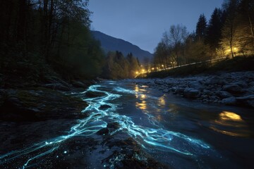 night river glowing with bright blue bioluminescent light winding through forest under mountain sky symbolizing harmony between natural wonder and technological dream