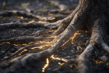 Fototapeta premium macro view of tree roots glowing with golden light under dark soil concept of underground energy connection mycelium network and the hidden communication of nature and life systems