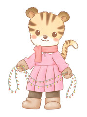 Little tiger hold string lights cartoon hand drawn 