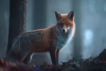 red fox standing alert in misty forest with glowing blue geometric cyber lines across its body blending wilderness beauty and futuristic digital technology concept of nature and innovation