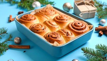 Festive cinnamon rolls in a baking dish