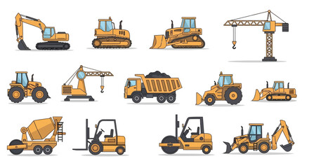 Collection of Illustrated Yellow Construction Vehicles and Heavy Machinery Set.