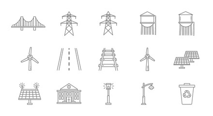 Collection of Industrial and Infrastructure Line Art Icons.