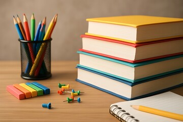 Fototapeta premium Back to School Desk Setup: Stack of Colorful Textbooks, Pencils, Erasers, and Stationery for Study and Education