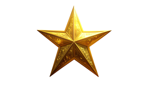A golden, ornate, five-pointed star glows against a dark background. Rich texture and dimension are visible