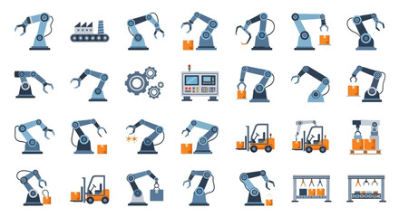 Collection of Industrial Robotic Arms and Forklifts in Various Poses.