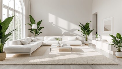 Fototapeta premium Bright minimalist lounge featuring white furnishings and greenery