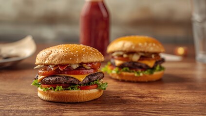A couple of burgers placed on a surface.