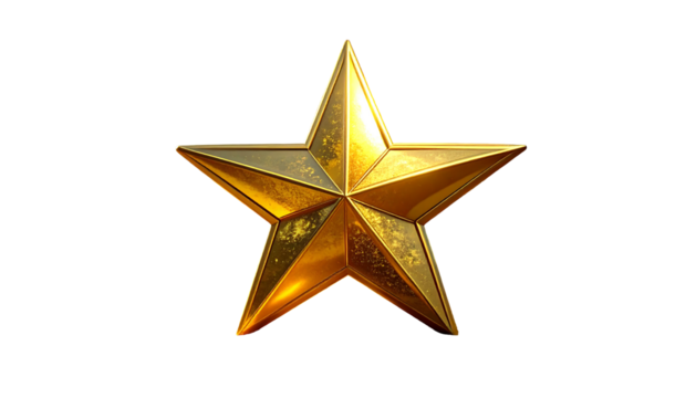 A golden star, rendered in high detail, is set against a black background, creating a stark contrast