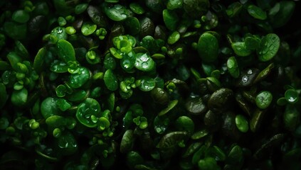 Close-up of tiny green sprouts against a dark backdrop with ample space for text, food, fresh, organic, nature, leaves, wellness, culinary, vibrant green