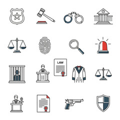 Collection of Law and Justice Icons Depicting Legal Symbols and Elements.