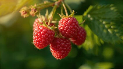 Close-up of vibrant ripe raspberries in an outdoor garden with sunlight and green foliage