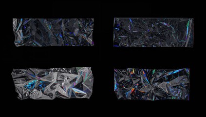 Collection of clear sticky tape pieces with scratch marks and fingerprint textures on a dark backdrop featuring neon effects, wrinkled plastic adhesive snippets for poster design accents.