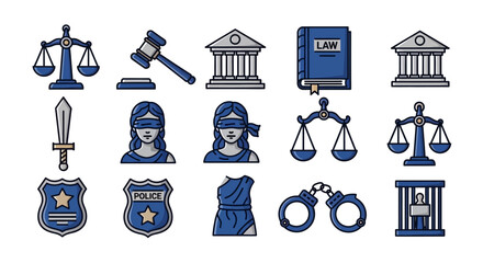 Collection of Legal and Justice System Icons with Scales, Gavel, and Court Building.