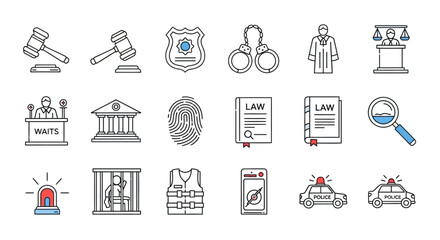 Collection of Legal and Justice System Icons Representing Law Enforcement and Courts.