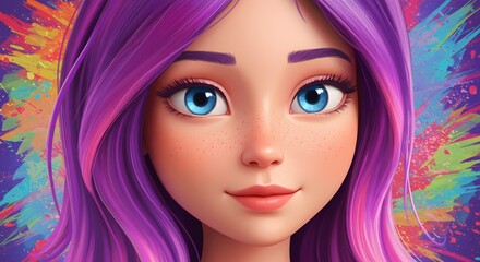Digital portrait of a young woman with vivid purple hair and bright blue eyes, colorful background