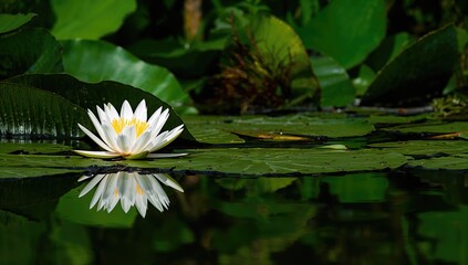 White Waterlily Blooming Among Green Pond Leaves