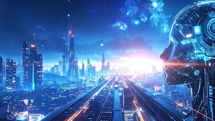 A sleek humanoid AI and a mechanical robot face a neon-lit futuristic city with elevated tracks under a vibrant starry sky - Powered by Adobe