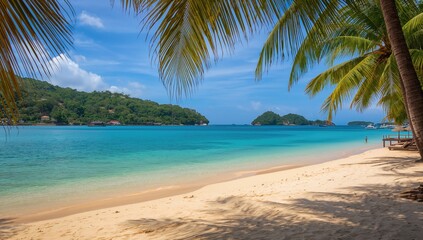 Untouched bay with golden sands and swaying palms offers a serene tropical escape, perfect for island living and wellness retreats.