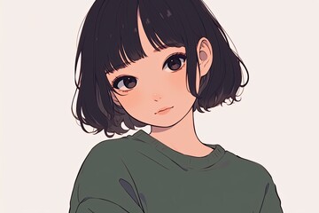 A Japanese style girl with short dark hair is illustrated with clean lines and a serene expression, reflecting minimalist beauty.