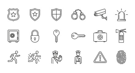 Collection of Line Art Security and Safety Icons Depicting Law Enforcement and Protection.