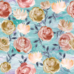 Seamless pattern of abstract flowers, original hand drawn, impressionism style, color texture, brush strokes of paint,  art background.