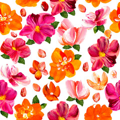 Seamless pattern of abstract red and pink flowers, original hand drawn, impressionism style, color texture, brush strokes of paint, art background