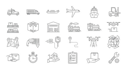 Collection of Linear Icons Representing Logistics and Delivery Services.