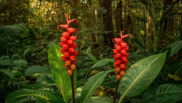 Costus barbatus plant, commonly called spiral ginger, attracts swarms of ants with its red blooms