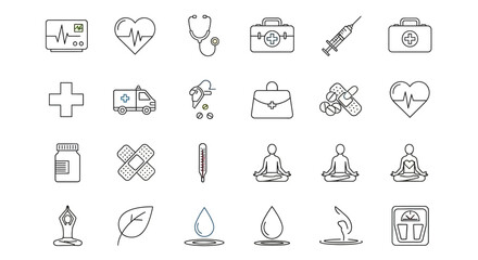 Collection of Medical and Health-Related Icons in Outline Style.