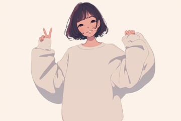 A Japanese style girl with short dark hair is illustrated with clean lines and a serene expression, reflecting minimalist beauty.