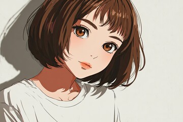 A Japanese style girl with short dark hair is illustrated with clean lines and a serene expression, reflecting minimalist beauty.
