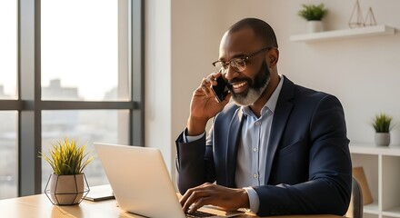 Smiling Black Professional Multitasking Phone Call Laptop Work in Bright Modern Office by Window.