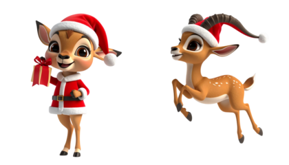Two cartoon impala in Santa outfit bundle isolated on transparent background