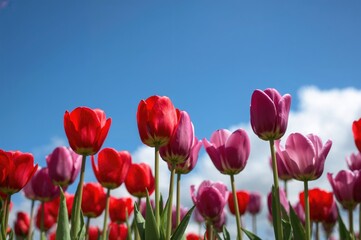 Obraz premium Tulips in shades of red, purple, and white set against a clear blue background