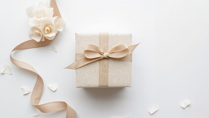 Blank handmade paper gift box tied with natural beige fabric ribbon on white backdrop