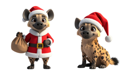 Two cartoon hyena in Santa outfit bundle isolated on transparent background